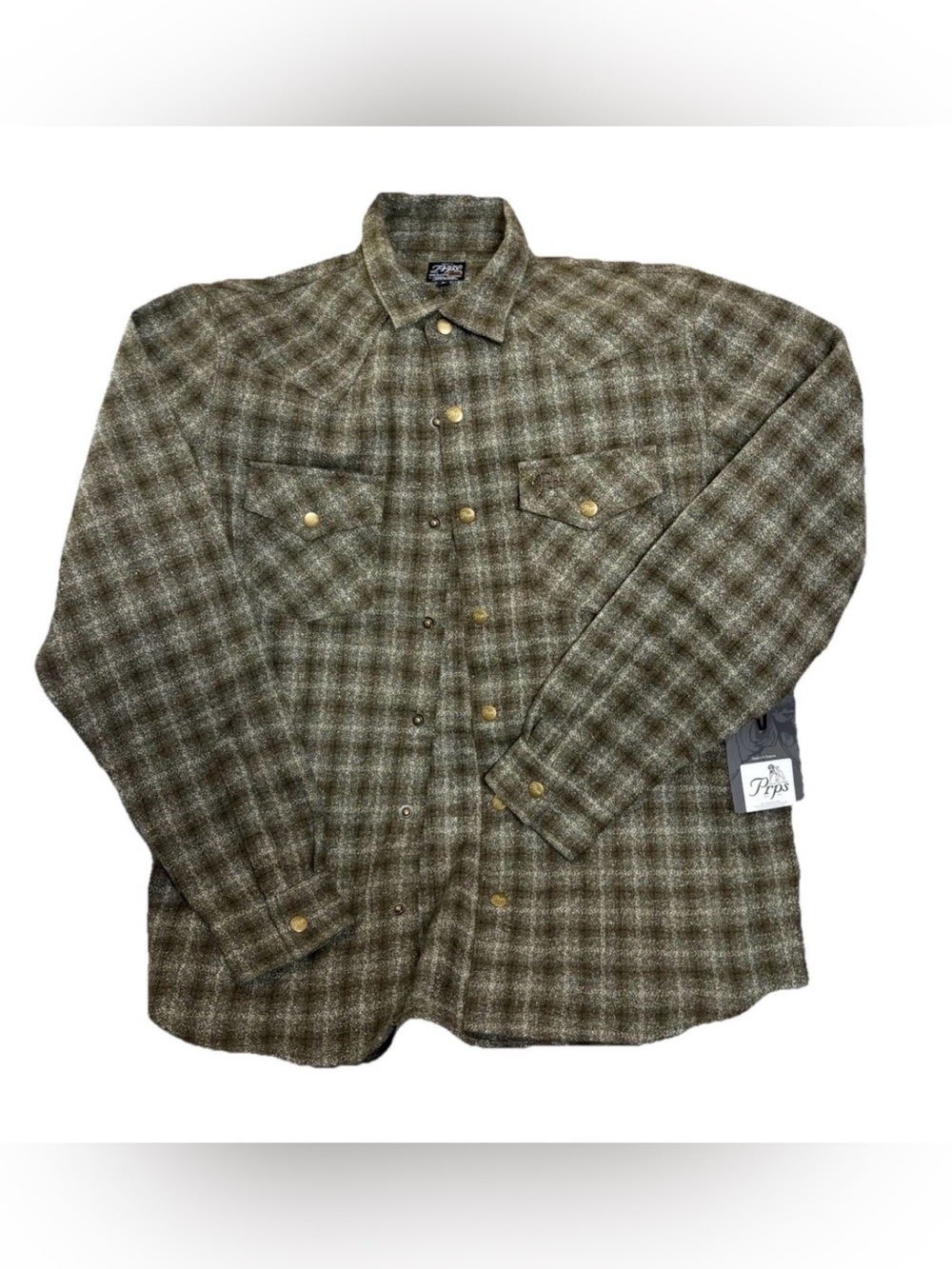 PRPS Men’s Large Flannel Shirt Snap Button Wool Blend Western Olive Plaid NWT